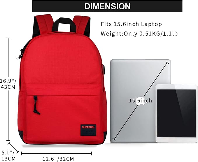 SUPACOOL Casual Laptop Backpack for Men and Women, Backpack for College, USB Charging Port, Lightweight Pack Back(Red)