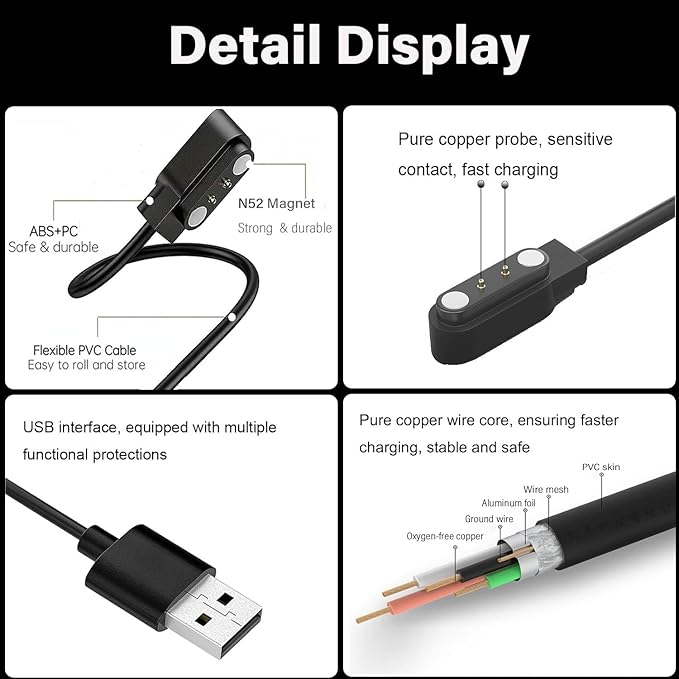 Gloryfit Smart Watch Charger, 4mm Magnetic USB Charging Cable for Gloryfit Smart Watches with ROHS/CE Certification (Pin spacing 4mm)