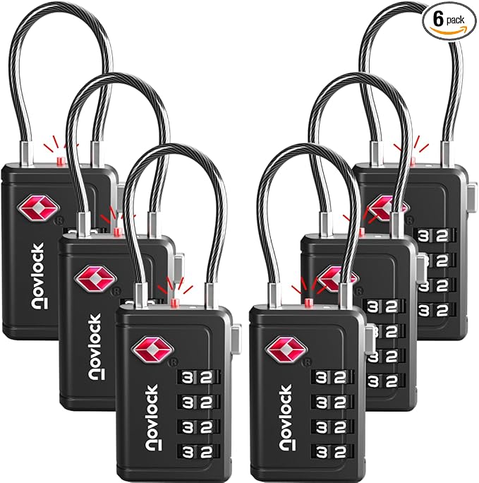 Luggage Locks TSA Approved with Inspection Indicator and Resettable 4-Digit, Easy-to-Read Combination, TSA Locks for Luggage, Suitcases, Backpacks & Travel Bags, Black, 6-Pack