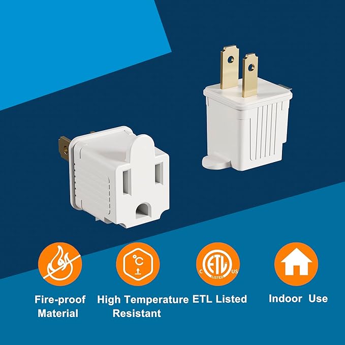 3 Prong to 2 Prong Outlet Plug Adapter Grounding Converter Socket 4 Pack, Wall Outlet Plug for Travel and Business, 15A/125V, White