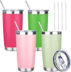 20 oz Tumbler with Lids and Straws, Stainless Steel Insulated Travel Coffee Mug, Double Wall Vacuum Insulated Tumblers, Powder Coated Coffee Tumbler for Cold & Hot Drinks (Mix Color-3, 4 Pack)