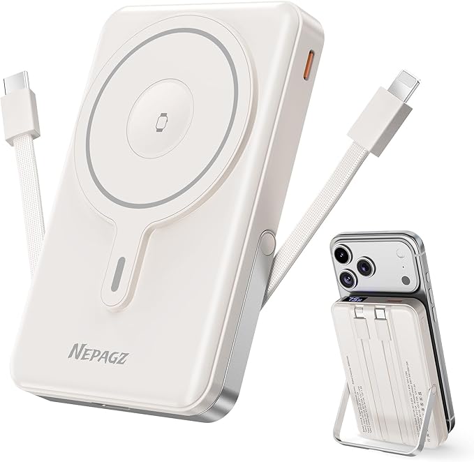 for Magsafe Portable Charger,10000mAh Magnetic Power Bank with Foldable Stand,PD22.5W Fast Charging with USB-C Cable,Wireless Portable Charger for iPhone 17/16/15/14/13/12 Series, Creamy White