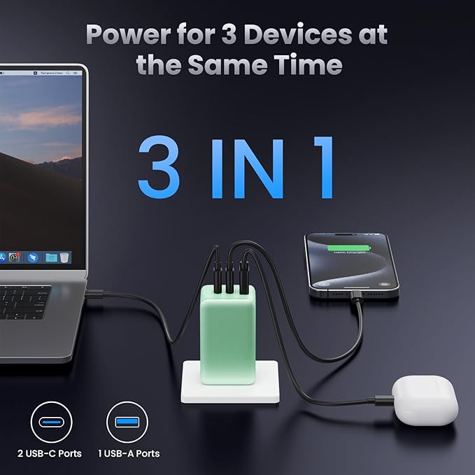 128W USB C Wall Charger,GaN III 3-Port Fast Charging Station,PD QC Foldable Charger Block Portable 65W Laptop Adapter for MacBook Pro/Air,iPad Pro,Galaxy S23,Dell XPS 13,iPhone 17/16/Pro etc