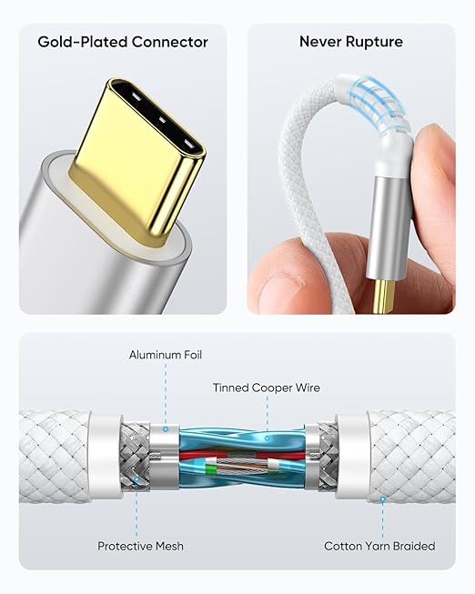 SUNGUY 10Gbps Android Auto USB C Cable, 1.5FT 3A USB 3.1 Gen 2 Fast Charge & Data Transfer USB C CarPlay Cable for iPhone 17 16 15 Pro Max, Galaxy S24 S23 S22 Ultra, SSD (White)