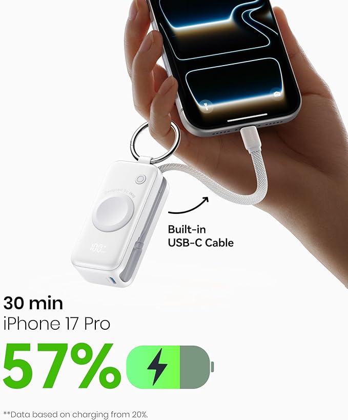 INIU 3-in-1 Portable Charger, Small 5000mah Power Bank with Built-in USB C Cable and Watch Charger, 20W PD Fast Charging Battery Pack, Travel Charger for iPhone 16 15, Apple Watch, etc