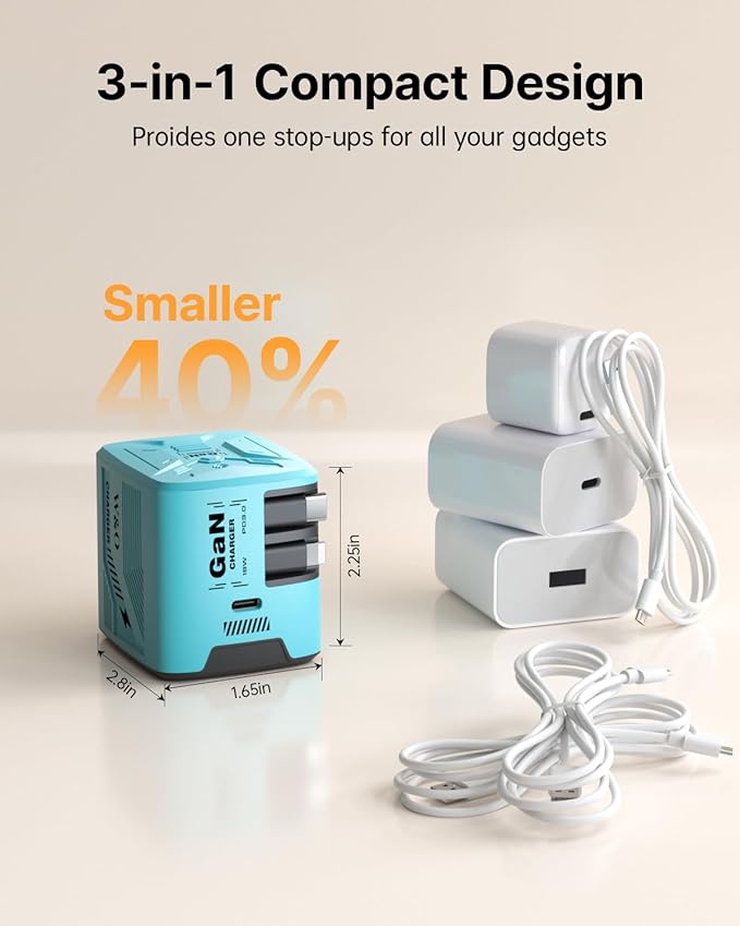 W & O 60W gan Fast Charger for iPhone, Retractable Phone Charger Wall Plug with Type‑C & Compatible Lightning Cables,for iPhone 17/16/15, Galaxy S25/24,Android Devices（Blue）