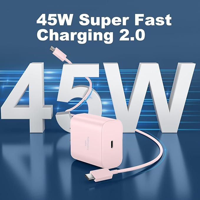 45W USB-C Super Fast Charger Type C Android Phone Charging Block for Samsung Galaxy S26 S25 S24 S23 Ultra/S26 S25 S24 S23 S22 S21 S20/Note 10/20,PPS Charger with 6.6FT Cord-Pink