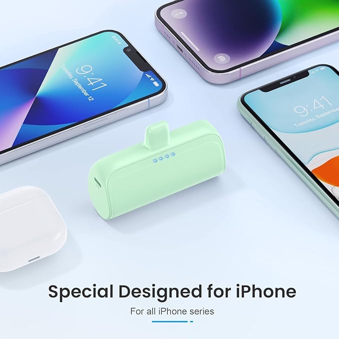 [2 Pack]Mini Portable Charger for iPhone,5200mAh Ultra-Compact Fast Charging Power Bank Cordless Cute Small Battery Pack Compatible with iPhone 14/14 Pro Max/13/12/11/XR/8/7/6(Pink+Light Green)