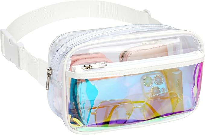 Veckle Holographic Fanny Pack for Women - Plus Size 35-51 Inch Iridescent Clear Belt Bag, Adjustable Crossbody Waist Bag for Concert, Festivals, Raves, Theme Parks, White