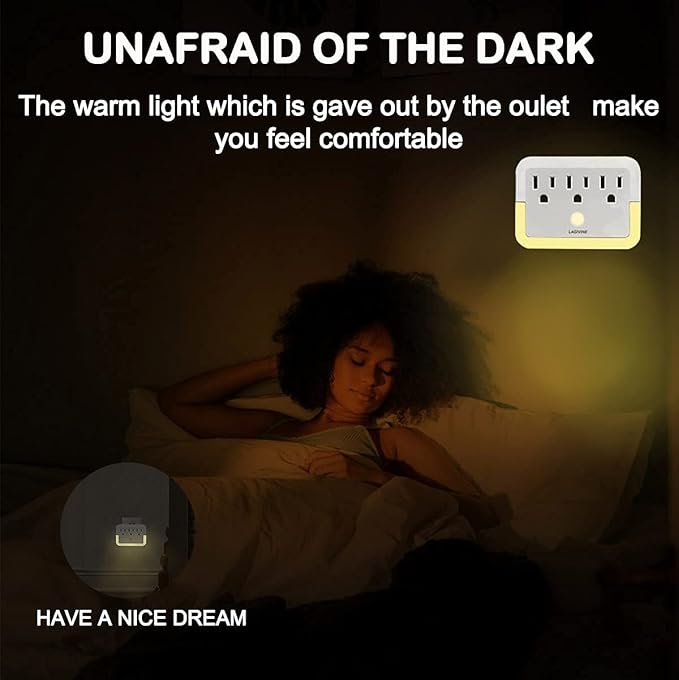 Multi Plug Wall Mount Outlet Adapter, Outlet Extender with Light-Sensing,Power Strip with Warm Night Light for Home Office Hotel Travel-White(1 Pack)