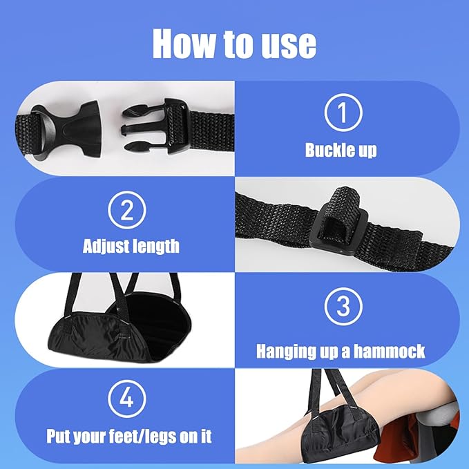 TOLUON Airplane Foot Hammock Foot Hammock for Plane Travel Portable Airplane Footrest Length Adjustable Airplane Foot Rest Travel Essentials Accessories Office Leg Rest Gifts to Relax Your Feet Black
