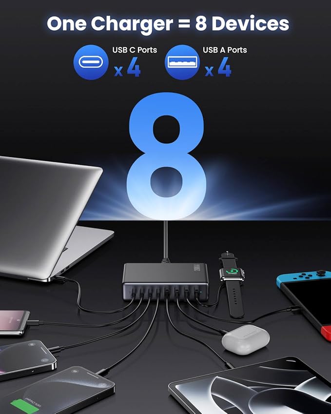 USB C Charger 200W USB C Charger Block,Upgraded GaN III 8-Port Fast Charging Station Hub,PD 65W Laptop Charging Adapter Compatible with MacBook Pro/Air,DELL,Steam Deck,iPhone 16/15/14,Galaxy S23/22