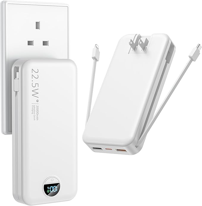 Ffnpua Portable Charger with Wall Plug, 20000mAh USB C Power Bank Fast Charging, External Battery Pack with Built in Cables, Digital Display, 5 Output 2 Input for iPhone Android Cell Phone Tablet