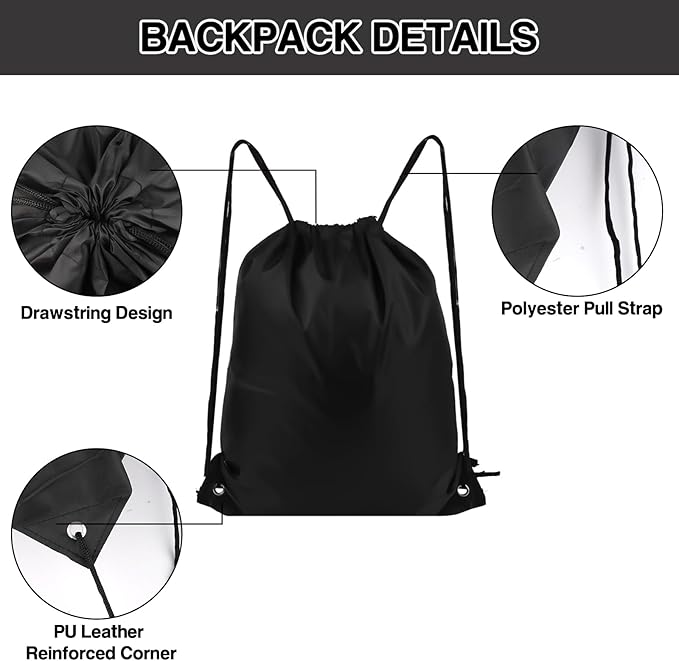 COIDEA 6Pcs Drawstring Backpacks, Medium, Black, Sports, Gym, Travel, Swimming, Beach