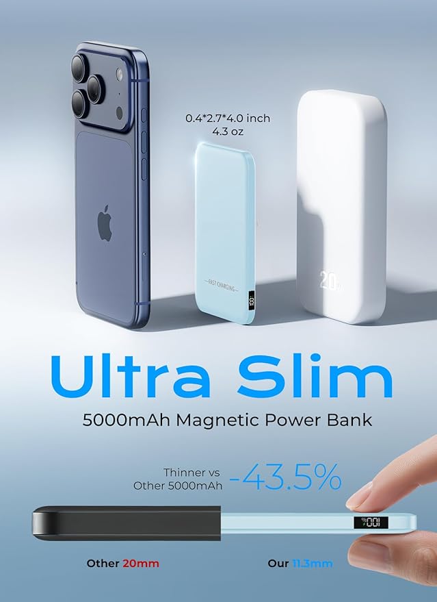 Aobbow Magnetic Portable Charger, 5000mAh Ultra Slim Power Bank with LED Display, 15W Fast Charging Battery Pack, MagSafe-Compatible Charger for iPhone 17/16/15 and AirPods - Mist Blue
