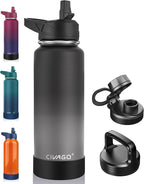 CIVAGO 40 oz Insulated Water Bottle With Straw, Stainless Steel Sports Water Flask Cup with 3 Lids (Straw, Portable Spout and Handle Lid), Double Walled Travel Thermal Canteen Mug, Classic Omber Gray