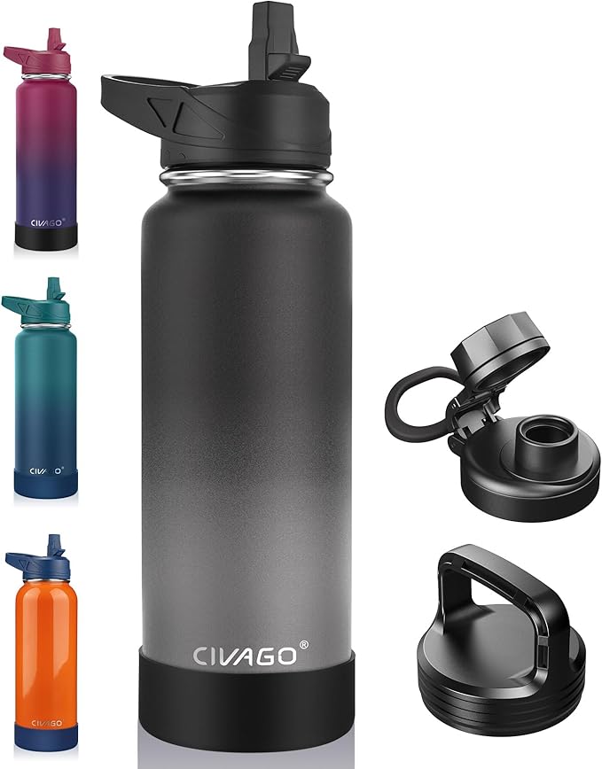 CIVAGO 40 oz Insulated Water Bottle With Straw, Stainless Steel Sports Water Flask Cup with 3 Lids (Straw, Portable Spout and Handle Lid), Double Walled Travel Thermal Canteen Mug, Classic Omber Gray