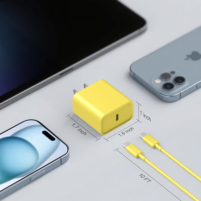 iPhone 17 16 15 Charger Fast Charging, [ETL Certified] 2 Pack 10FT USB C Charger Cable with 20W Type C Fast Charging Block for iPhone 17/17 Pro/17 Pro Max/16/16 Pro/16 Pro max/16 Plus/15（Yellow）