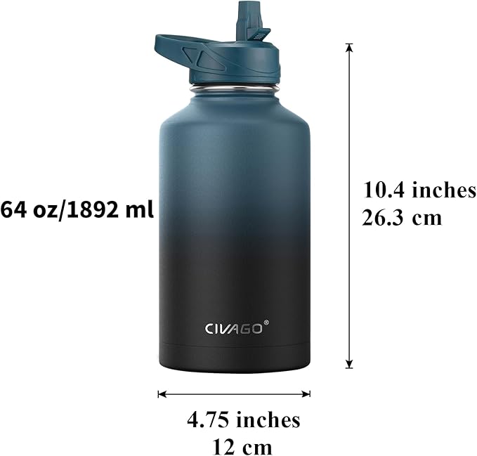 CIVAGO 64 oz Insulated Water Bottle With Straw, Half Gallon Stainless Steel Sports Water Flask Jug with 3 Lids (Straw, Spout and Handle Lid), Large Metal Thermal Cup Mug, Dark Rainbow