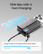 sharge ICEMAG 3 MagSafe Portable Charger, Qi2.2 25W Magnetic Power Bank 10000mAh with 35W Built-in Cable, Active Cooling& Foldable Stand, Transparent Design for iPhone 17/16 Series-White