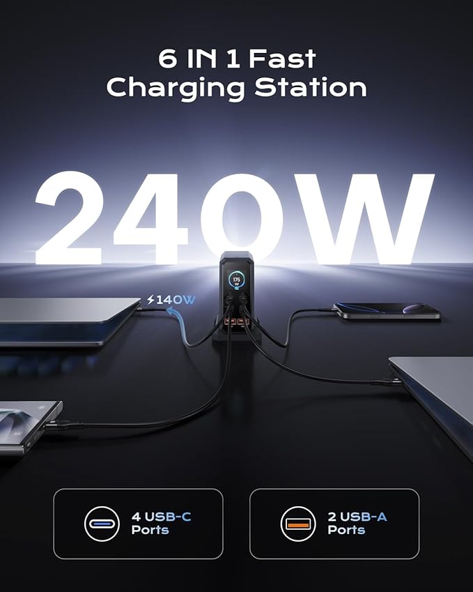 240W USB C Charger Block,ASOMETECH 6 Ports USB Charging Station,GaN 140W PD3.1 Laptop Fast Charger Adapter Desktop Charger Station with LCD Display for MacBook HP iPad iPhone Samsung