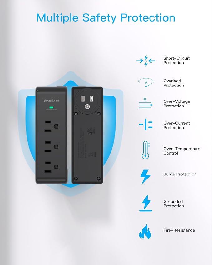 Surge Protector Outlet Extender, 9 AC Multi Outlet Wall Plug with Rotating Plug, 1800J Wall Charger, 3-Sided Power Strip Electrical Plug Adapter Outlet Splitter for Home Office Dorm, Black