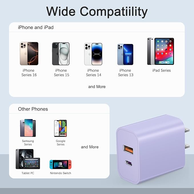 [4 Pack] USB C Charger Block Charging Block Type C Charger 20W Wall Chargers for iPhone Air/17/17 Plus/17 Pro Max/16/16 Plus/16 Pro Max/15/15 Max/14/13/12/Samsung(Purple)