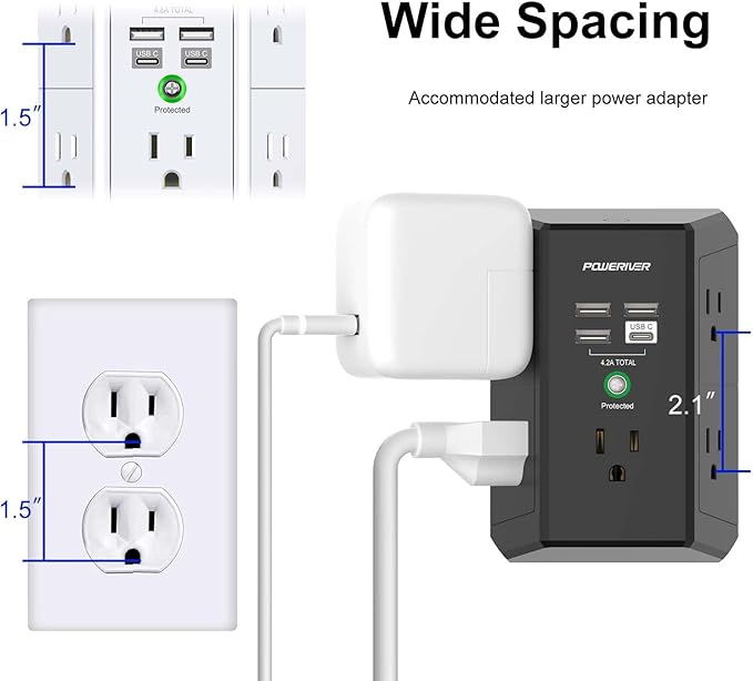 Multi Outlet Extender Surge Protector - POWERIVER Multi Plug Wall Outlet with 5 AC Outlets and 4 USB Ports(1USB C), 1680 Joules, Outlet Splitter for Home School Office, ETL, Black