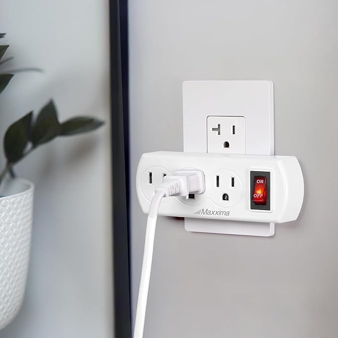 Maxxima 3 Outlet Grounded Wall Plug Adapter with On/Off Switch, Electrical Wall Tap Outlet Splitter, Multi-Plug Extender for Extra Outlet Space, Convenient for Travel - 4 Pack