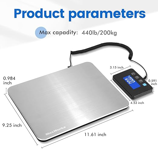 MaxWorks Digital Platform Scale 440 lb Capacity Stainless Steel Shipping Scale USB-C Rechargeable with LCD Display for Packages Luggage & Warehouse Use 51076