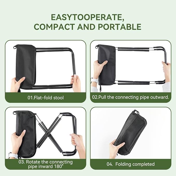 Portable foldable backpack stool, Camping Chair, with dual storage pockets and side pockets Compact adult-sized portable stool, ideal for camping, hiking, outdoor activities capacity 250 lbs (Black)