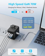 Universal Travel Adapter, International Travel Plug Adapter with 3 USB-C ＆ 2 USB-A Ports 70W, All in One Portable Socket, for USA, UK, EU, AU ＆ 224+ Countries (Black)