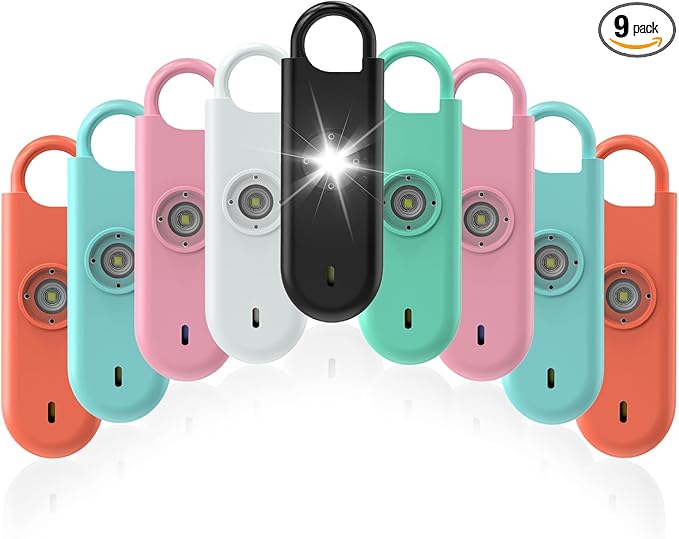 Fauxomor 140dB Personal Safety Alarm for Women, 9 Pack Safe Alarm Protection Keychain with Strobe Light & Low Battery Notice, Security Siren Self Defense for Kids Seniors College Girls