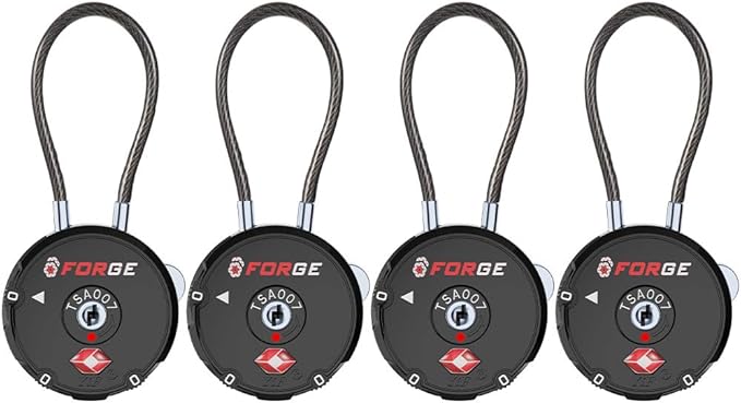 Forge Quality TSA Approved Luggage Locks for Travel Accessories, Suitcase, Pelican case, Ammo Boxes, Set Your own Combination, Zinc Alloy Body-Cable Black 4 Locks