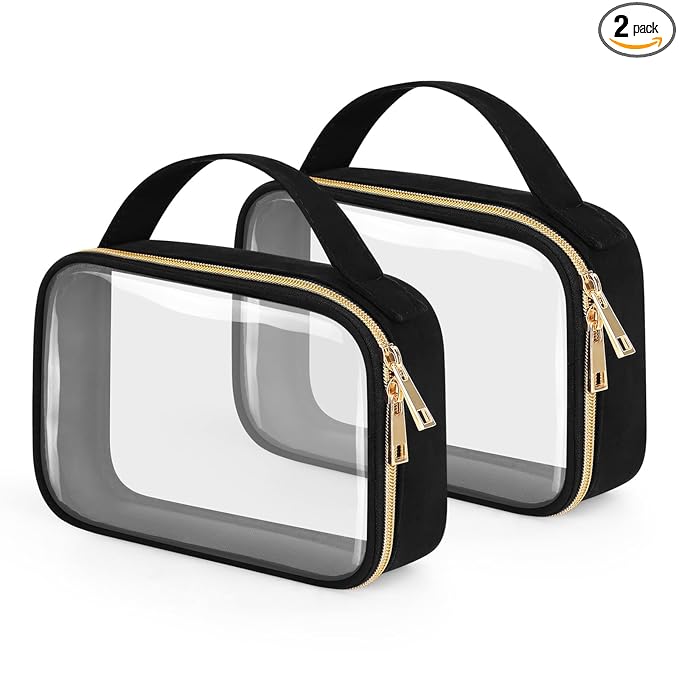Wedama Clear Toiletry Bag, 2 Pack Clear Makeup Bags with Handles, Large Travel Bags PVC Cosmetic Bag for Women and Men, Carry on Airport Airline Compliant Bag, Black