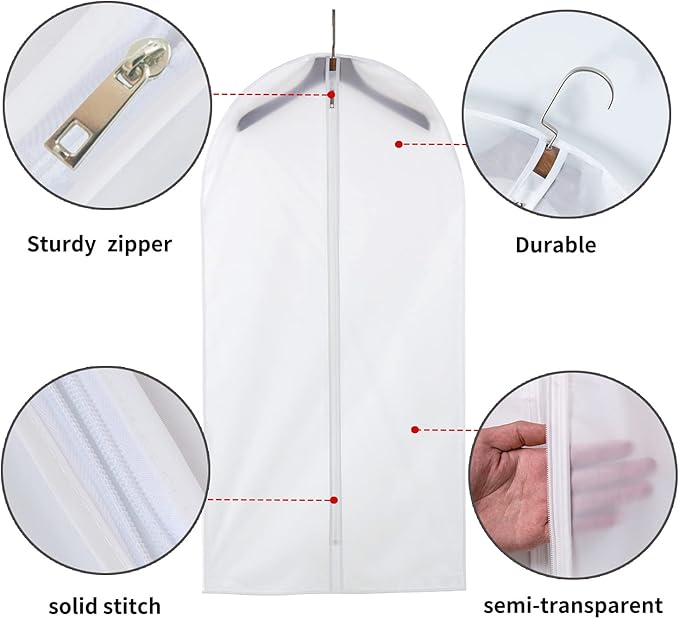 MsKitchen 12 Pack Shirt Garment Bags (24x36") - Dustproof Short Suit Covers - Durable PEVA Closet Bags with Sturdy Zipper for Blouses, Jackets, Sweaters & T-Shirts (Translucent)