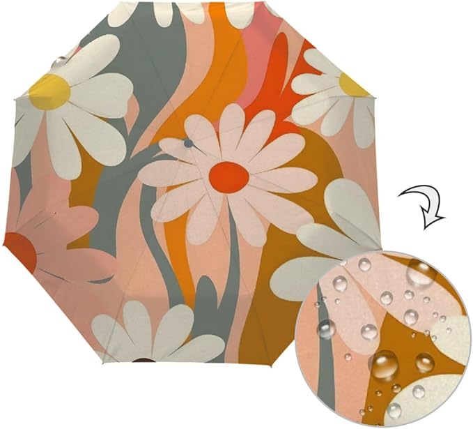 Windproof Travel Umbrella Colorful Daisy Floral Compact Auto Open/Close Folding Umbrellas for Rain