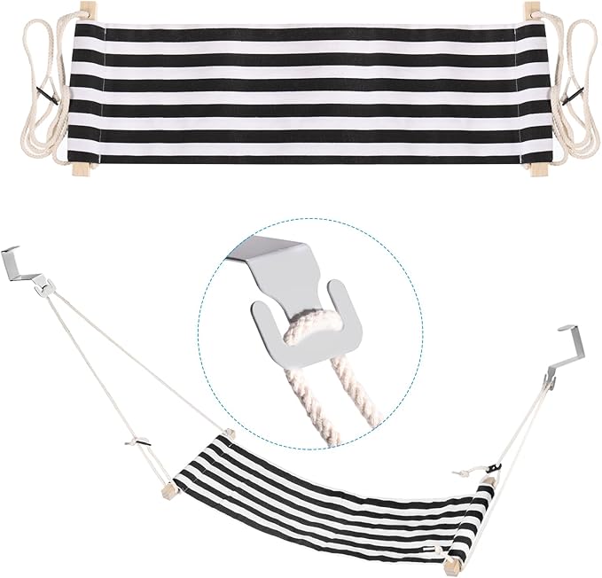 PATIKIL Foot Hammock Under Desk, Adjustable Foot Rest Sling with Hooks Portable Desk Footrest for Airplane Travel Home Office, Black White Style 1