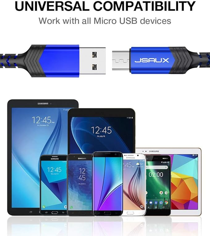 JSAUX Micro USB Cable for Android, (2-Pack 6.6FT) Kindle Charger Cord Replacement, Nylon Braided USB Micro Charging Cable Compatible with Galaxy S7 S6 J7 Edge Note 5, Kindle, MP3-Blue