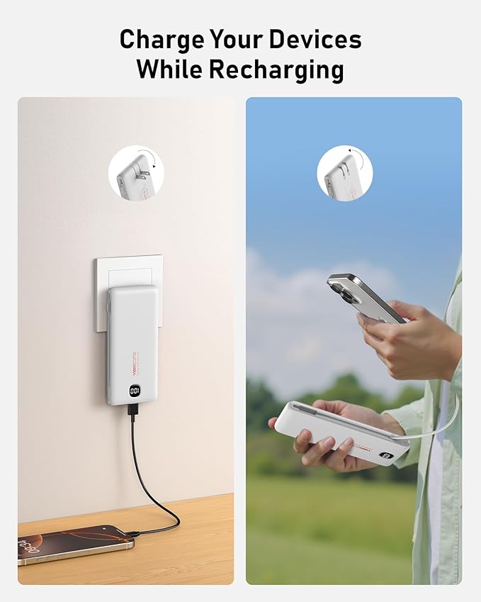 Portable Charger Power Bank Built in Cables and Wall Plug, 10000mAh iPhone Battery Pack Fast Charging, USB C External Slim Power Bank, Travel Essentials Compatible with iPhone 17 16 15 14 iPad, White