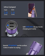 Purple Dual 45W USB C Car Charger, 90W Max Super Fast Charging, All Metal 12V Cigarette Lighter Adapter for iPhone 17 Pro Max/16/15/iPad, Samsung Galaxy S26/S25, Google Phone with 2 Type C Cable 3.3ft