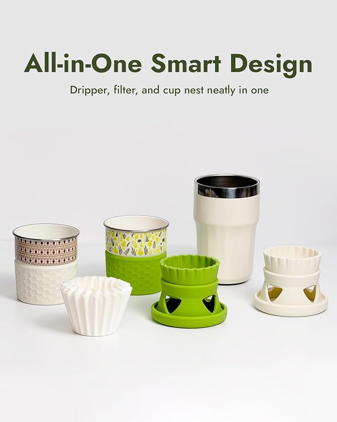 Pocket Pour-Over Coffee Maker, Portable Coffee Dripper & Cup Set with Cone Paper Filters, Travel-Friendly, Easy to Clean