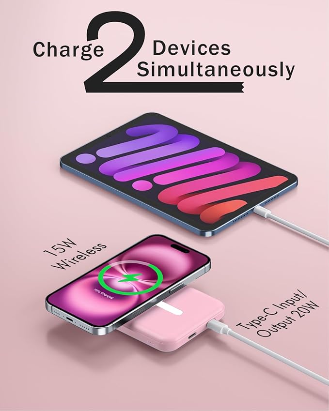 podoru for Magsafe Battery Pack, 5000mAh Magnetic Power Bank with Type-C Cable 20W PD Fast Charging Lighting Input Wireless Portable Charger for iPhone 17/16/15/14/13/12/ All Series-Pink