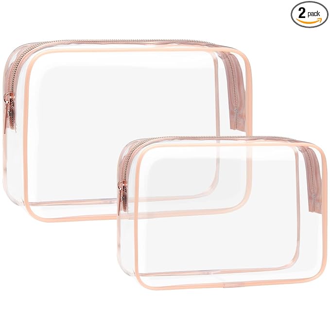 F-color 2 Pack Clear Makeup Bag, 1 Medium TSA Approved Toiletry Bag Quart Size Carry On & 1 Large for Checked Luggage, Water-resistant Clear Travel Bags for Toiletries, Rose Pink