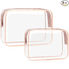F-color 2 Pack Clear Makeup Bag, 1 Medium TSA Approved Toiletry Bag Quart Size Carry On & 1 Large for Checked Luggage, Water-resistant Clear Travel Bags for Toiletries, Rose Pink