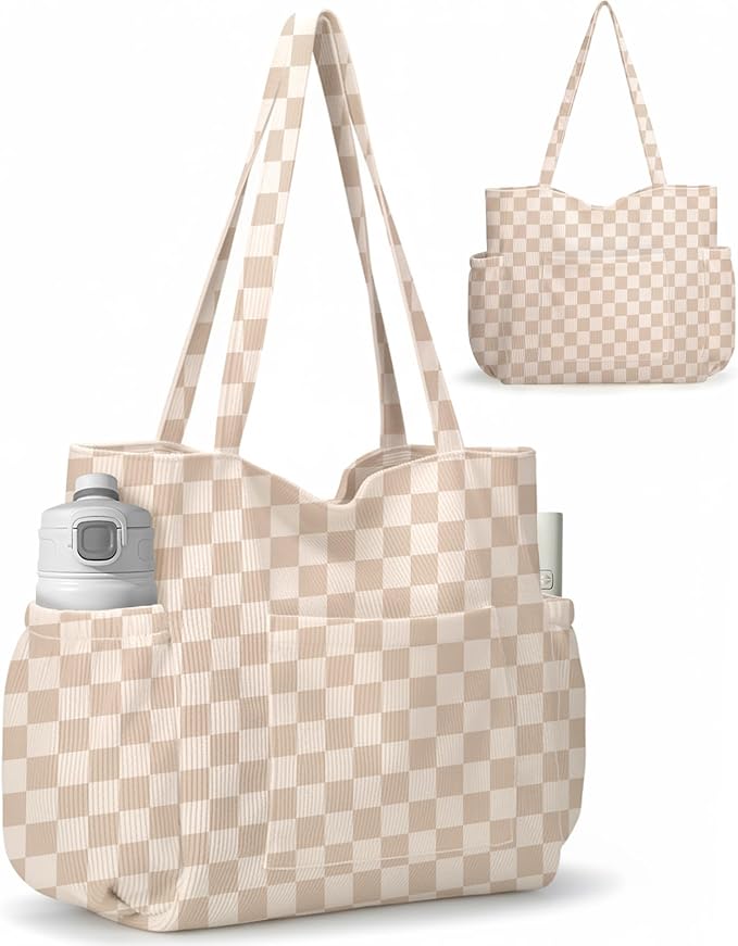 Corduroy Tote Bag for Women,Large Capacity Cute Tote Bags With 6 Pockets,Crossbody Shoulder Handbag for Work Travel Gym