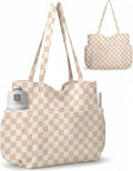 Corduroy Tote Bag for Women,Large Capacity Cute Tote Bags With 6 Pockets,Crossbody Shoulder Handbag for Work Travel Gym