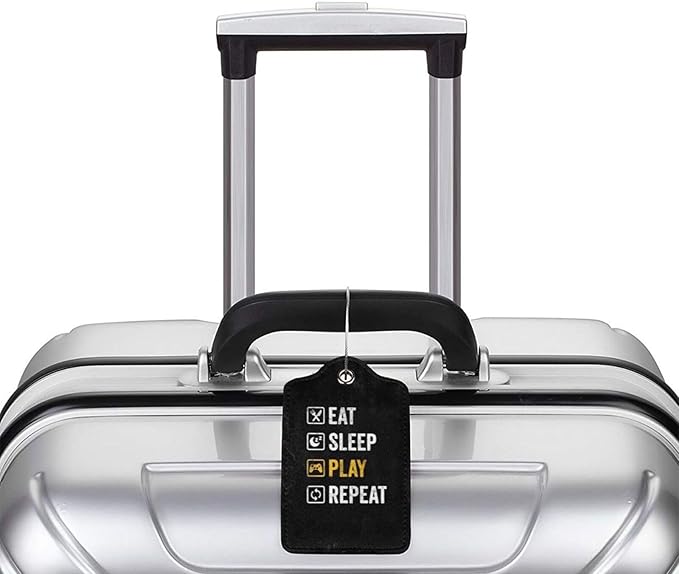 GACCAP 2 Pack Luggage Tags for Suitcase, Privacy Cover ID Label with Stainless Steel and Address Card for Travel Bag Backpack Cruise Ship Essentials Tag Men Boys - Eat Sleep Play Repeat