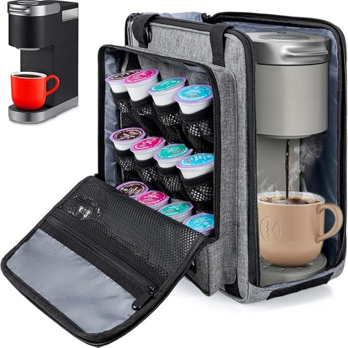 Coffee Maker Carrying Bag Compatible with Keurig K-Mini or K-Mini Plus, Single Serve Coffee Brewer Portable Storage Bag with Extra Pockets, Storage Tote Case With Multiple Pockets for K-Cup