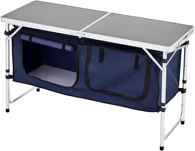 VEVOR Camping Kitchen Table, Folding Outdoor Cooking Table, 3 Adjustable Height, Aluminum Lightweight Portable Cook Station with Storage Organizer, Carry Handle, for BBQ Party Picnic RV Travel, Blue